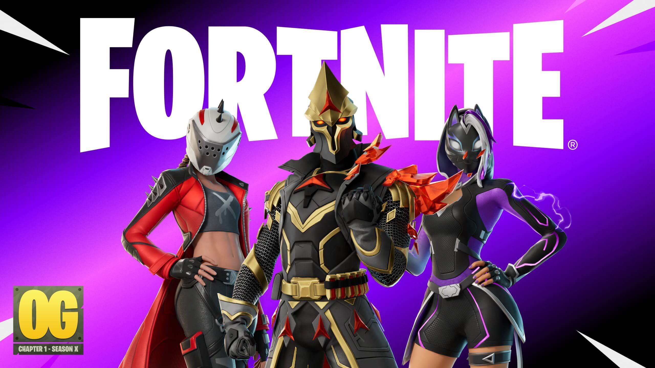 Armored Fortnite characters against a vivid purple background