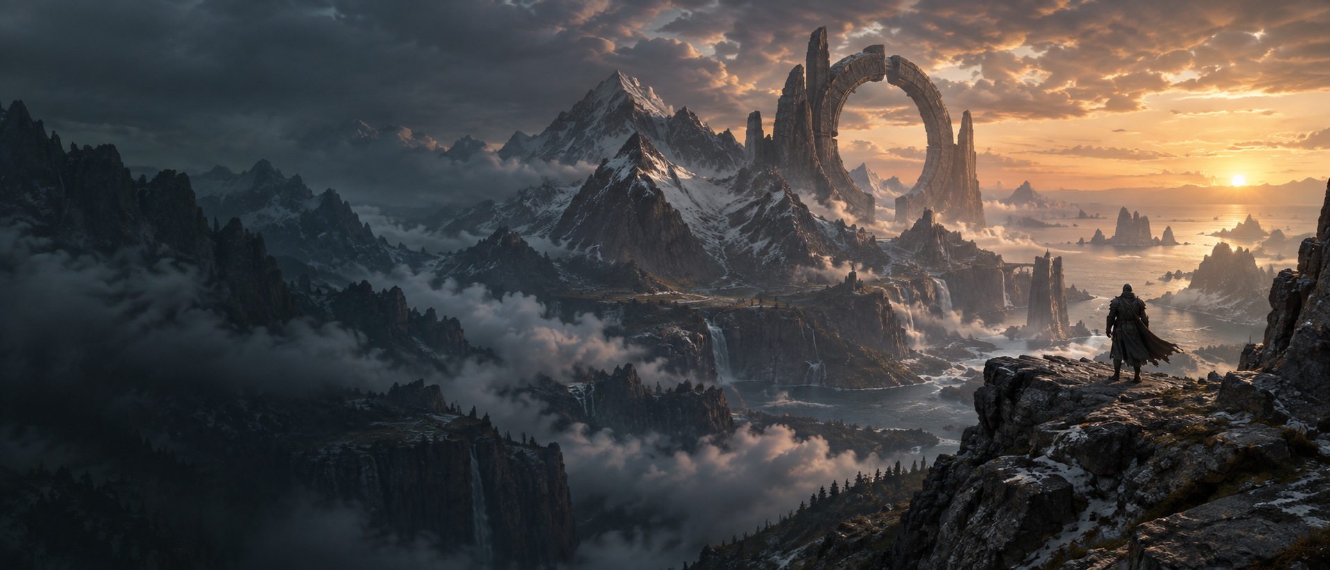 An explorer stands before a monumental stone ring above a mist-filled mountain world